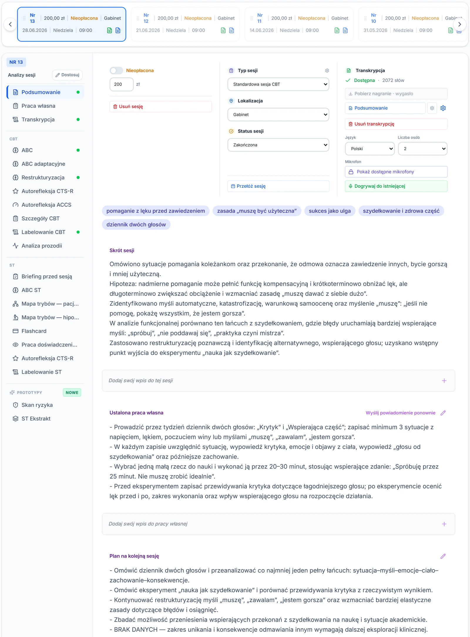 Zakładka Podsumowanie – lista sesji z automatycznym podsumowaniem AI