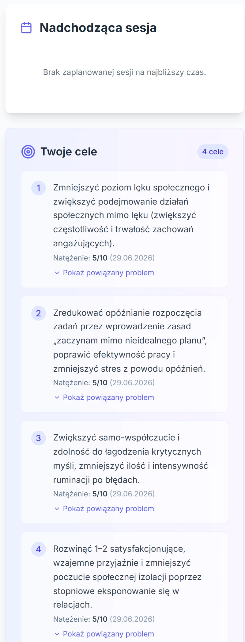 Portal Pacjenta – kokpit z celami terapeutycznymi i planem sesji