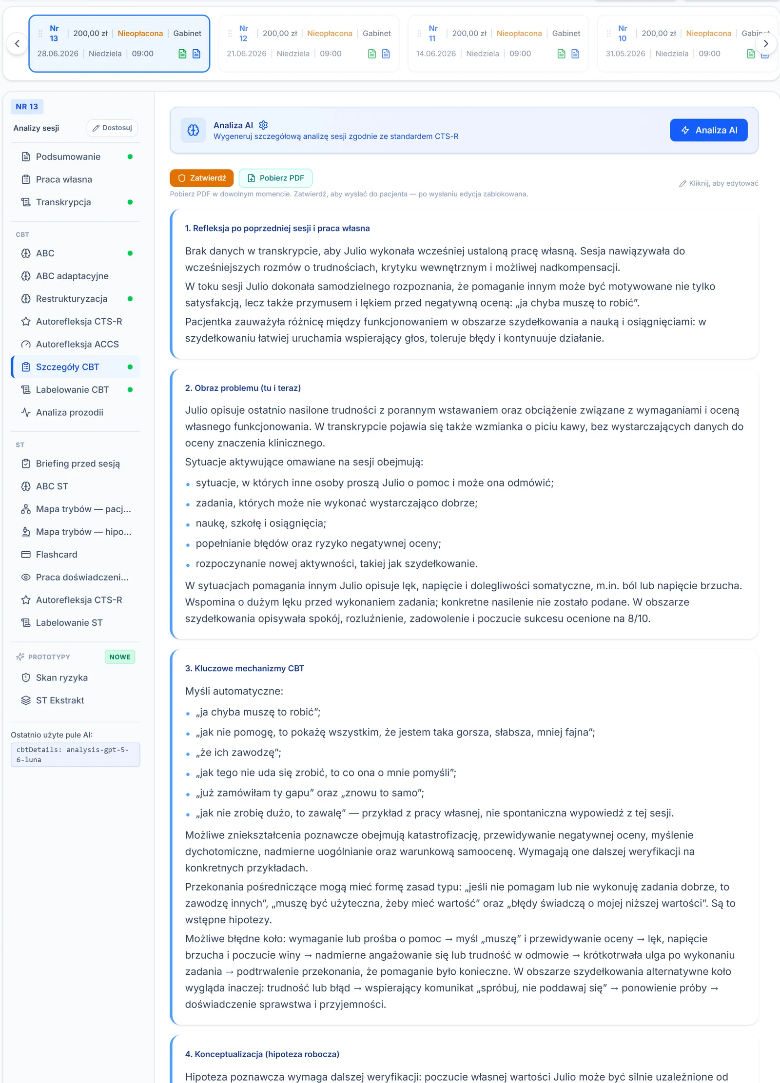 Zakładka Szczegóły – szczegółowa analiza CBT sesji generowana przez AI