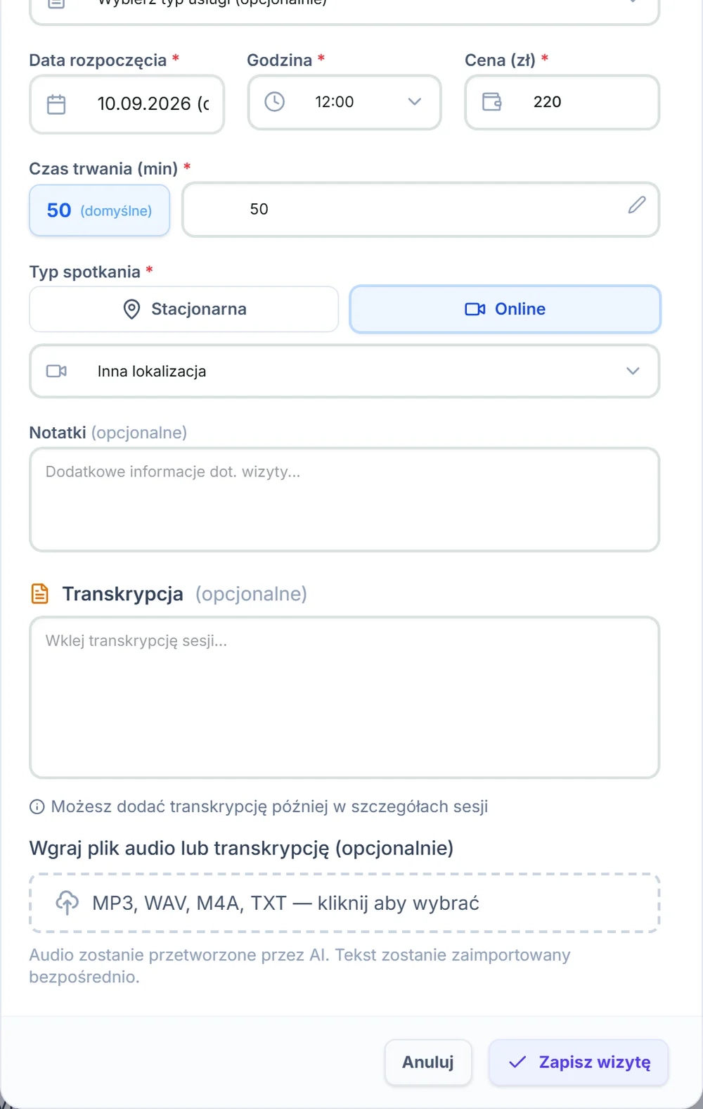 Opcje dodawania transkrypcji – wklejanie tekstu, upload pliku, upload audio, nagrywanie na żywo